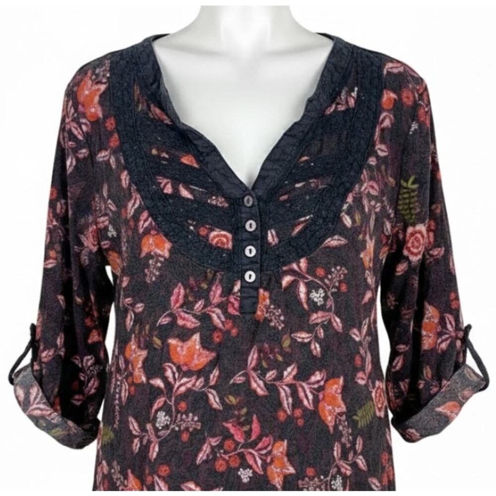 Vintage America Blouse S Pink Floral 3/4 Sleeve Cottage Prairie Garden Fairy